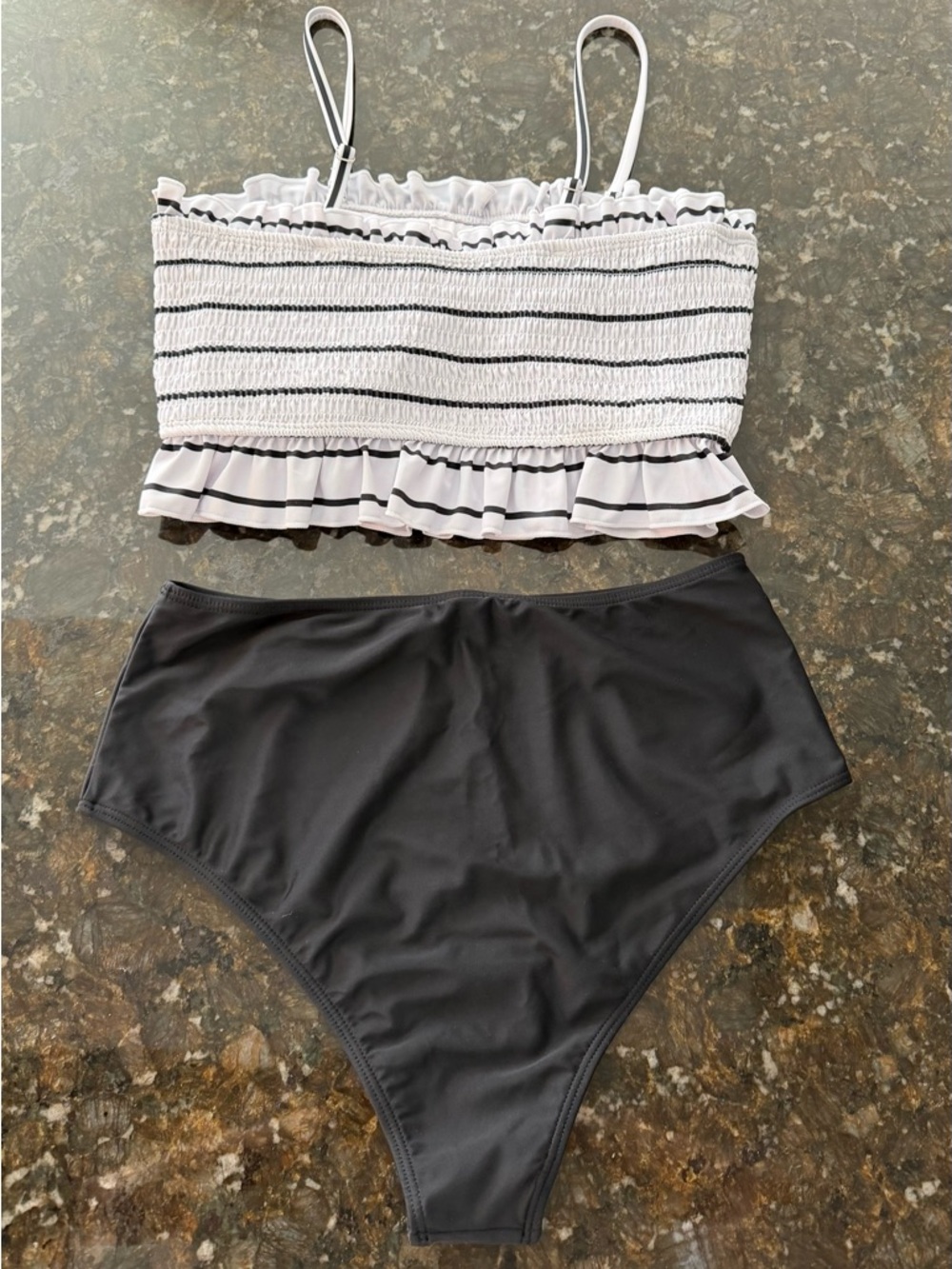 Striped Ruffle Smocked Bikini Top with High Waist Black Bottoms - Picture 4 of 8